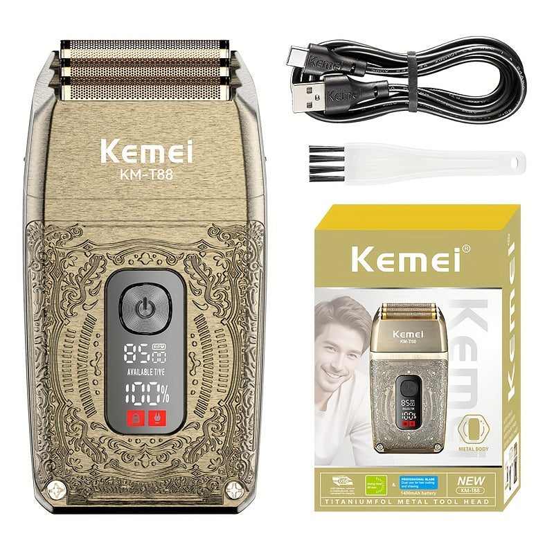 Kemei Oscillating Electric Shaver, model KM-T88, metall o'yma korpus, LCD ekran displeyi, 3D suzib yuradigan pichoq tarmog'i, professional pichoq bosh, uch tezlikda soqol olish va ikki tomonlama foydalanish imkoniyatiga ega.