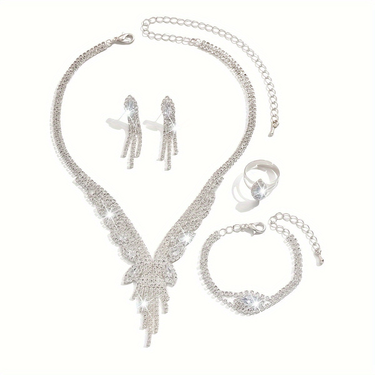 Silver Plated Copper Bridal Jewelry Set with Synthetic Zirconia Necklace Bracelet Earrings