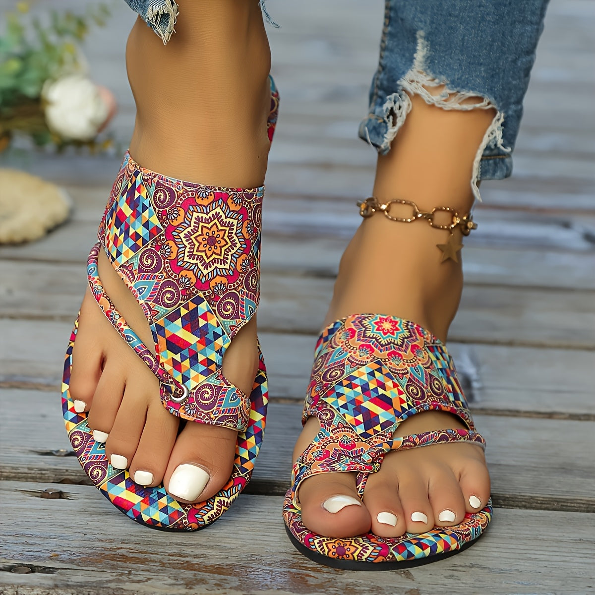 Women's Bohemian Floral Slide Sandals Open-Toe Flat with Adjustable Straps