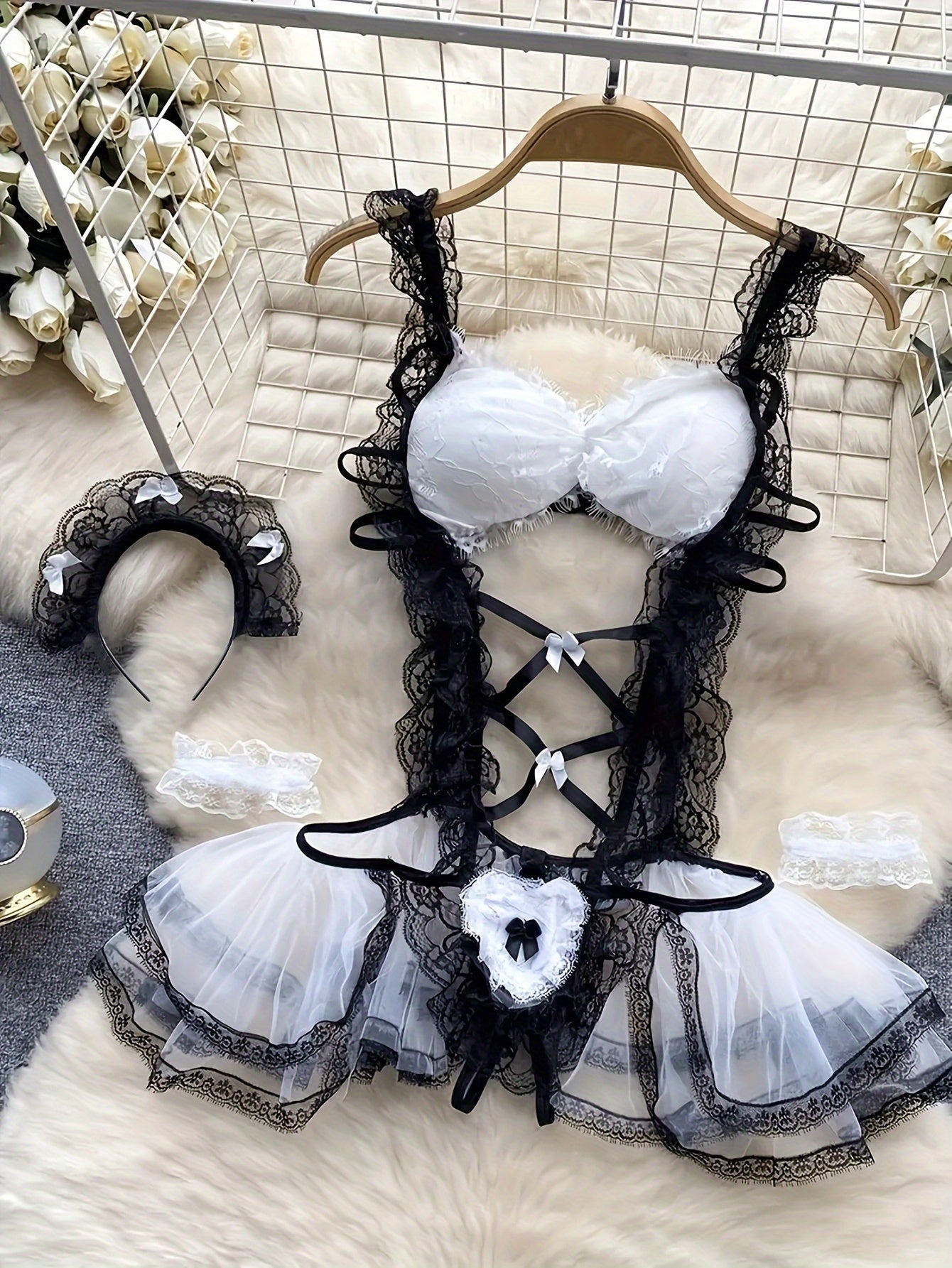 Women's Lace Maid Role Play Lingerie Set with Bodysuit Suspender and Headpiece