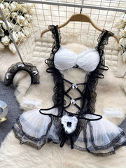 Костюм для ролевых игр в образе сексуальной горничной для женщин, комплект нижнего белья с боди, кружевным платьем, подвязкой, браслетом и головным убором.