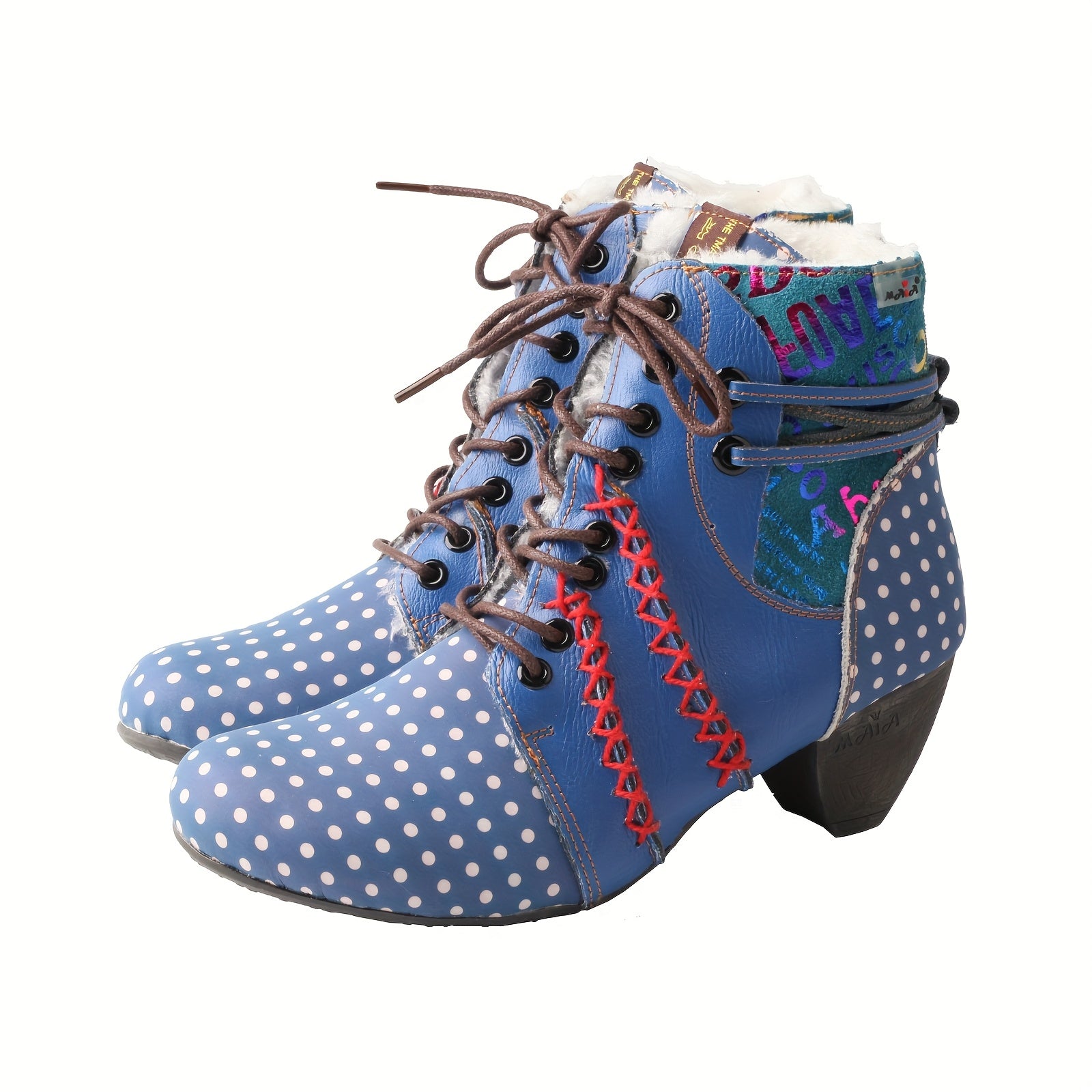 Women's Winter Ankle Boots Leather Mid Heel Lace-Up with Print