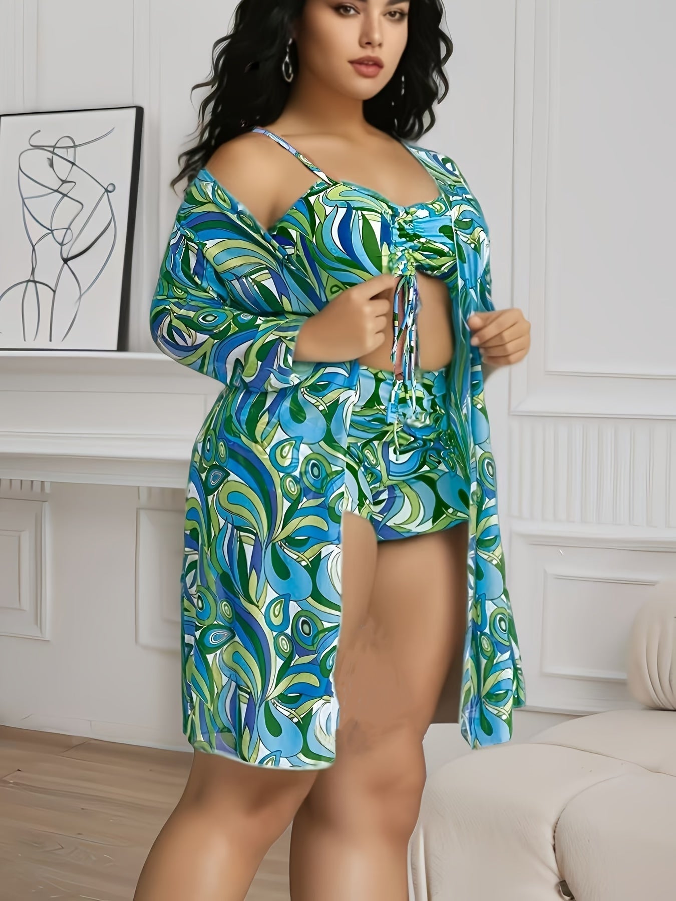 Plus-Size Women's 3-Piece Swimsuit Set with Cover-Up Polyester Stretch Drawstring