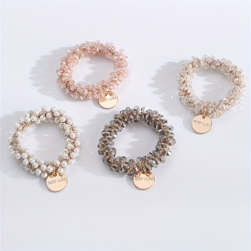 Set of 4 Stylish Faux Pearl Elastic Hair Ties for Women
