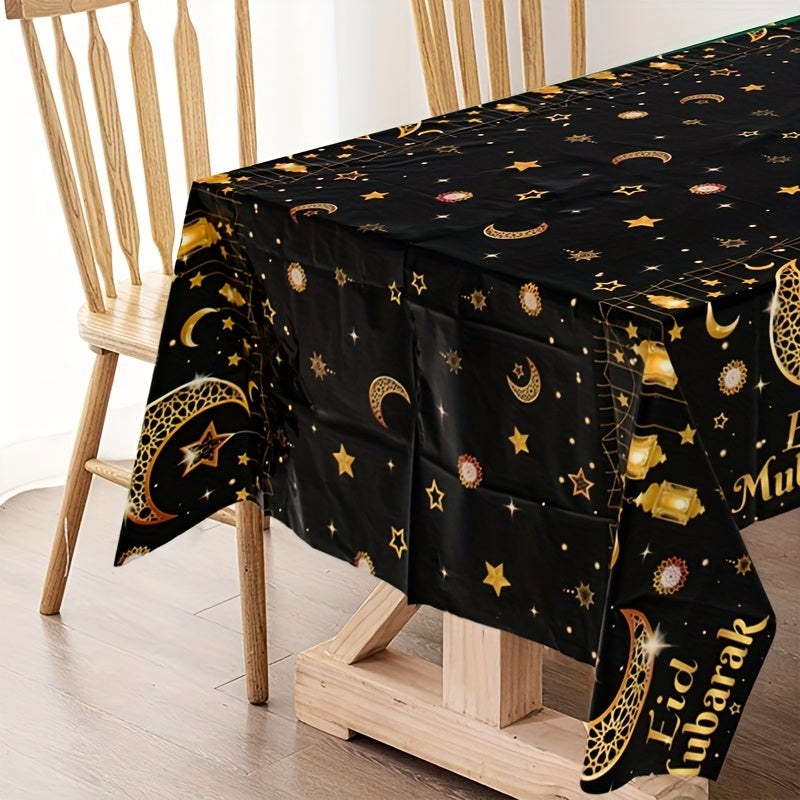 Eid Mubarak Tablecloth Black Gold Moon Star Lantern Design 130x220cm Plastic