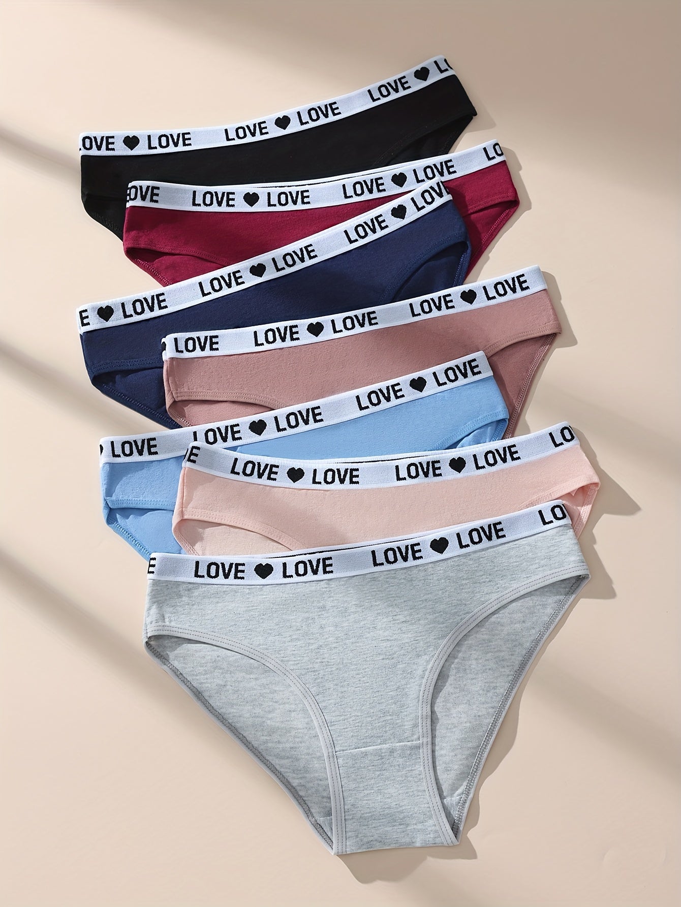 7-Piece Women's Cotton Briefs Set with Letter and Heart Tape Design Breathable Stretchy Lingerie