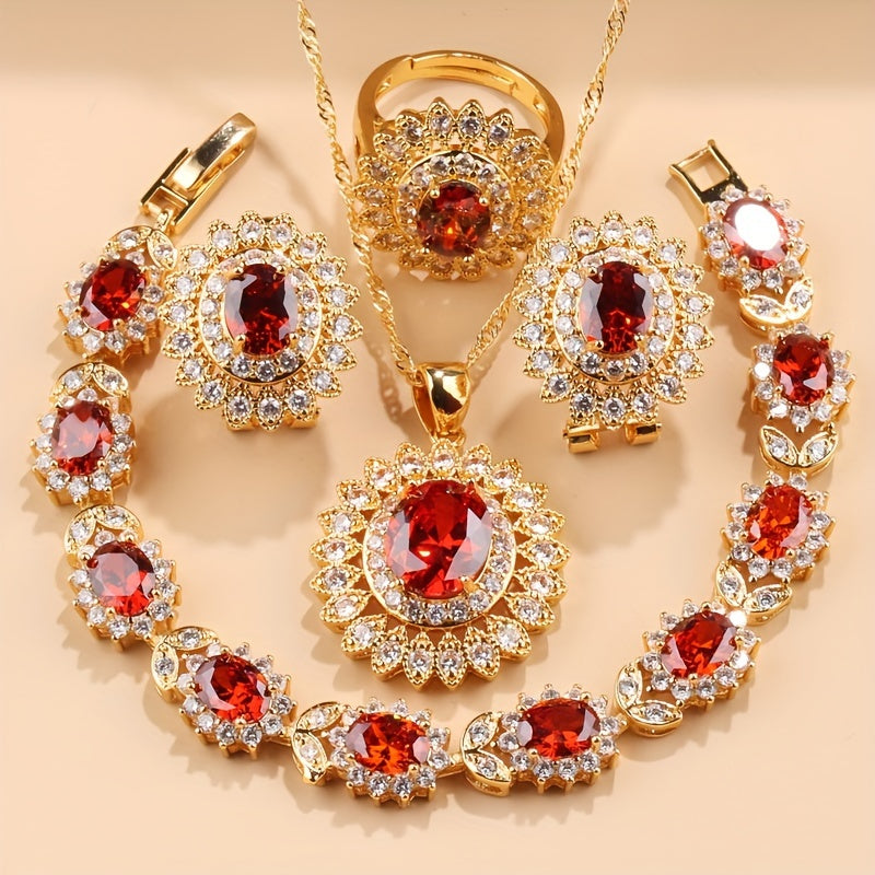 Sunflower Jewelry Set for Women 5-Piece Cubic Zirconia Necklace Earrings Ring Bracelet Gift