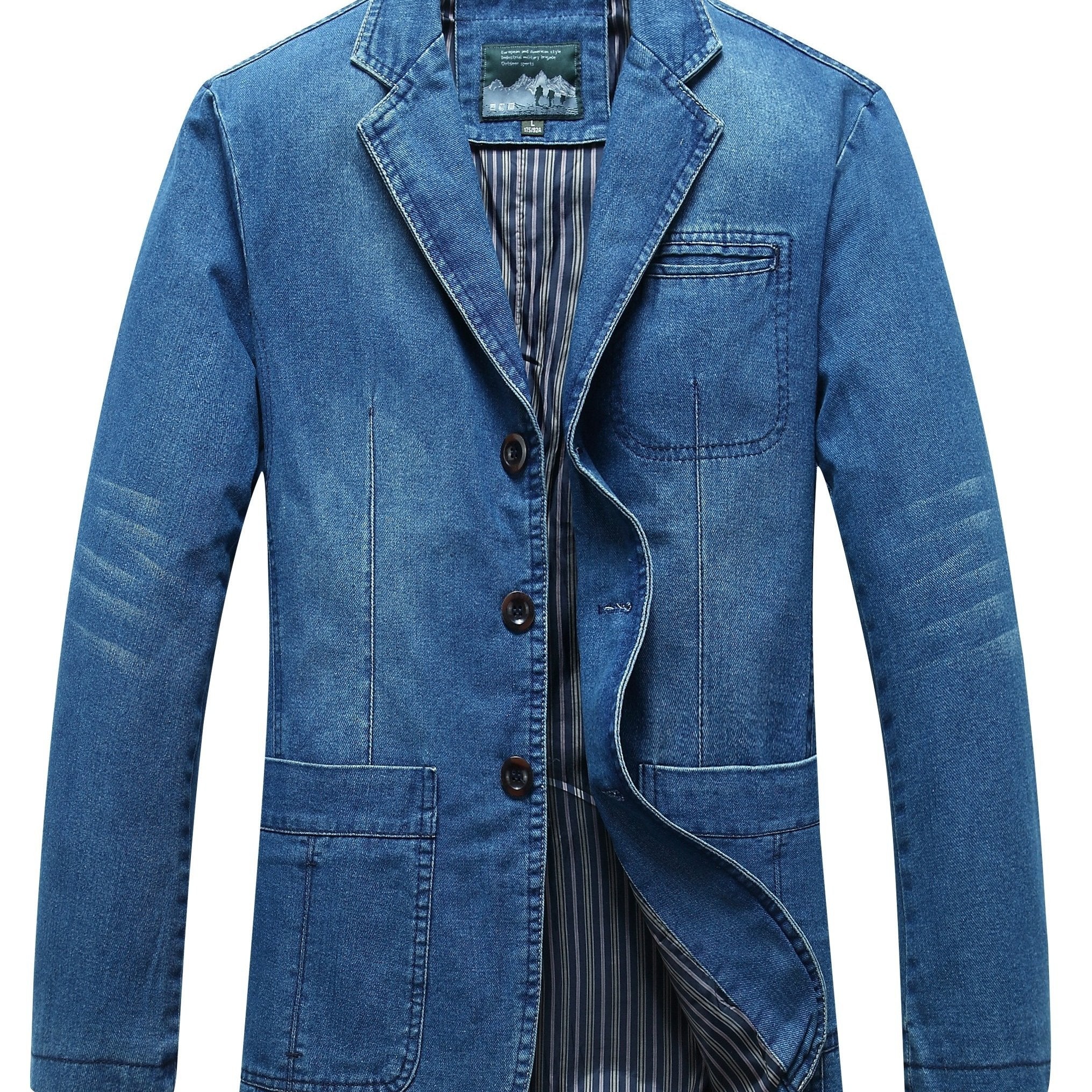 Men's Denim Blazer Casual Long Sleeve Single Breasted Lapel Patch Solid Color Loose Fit