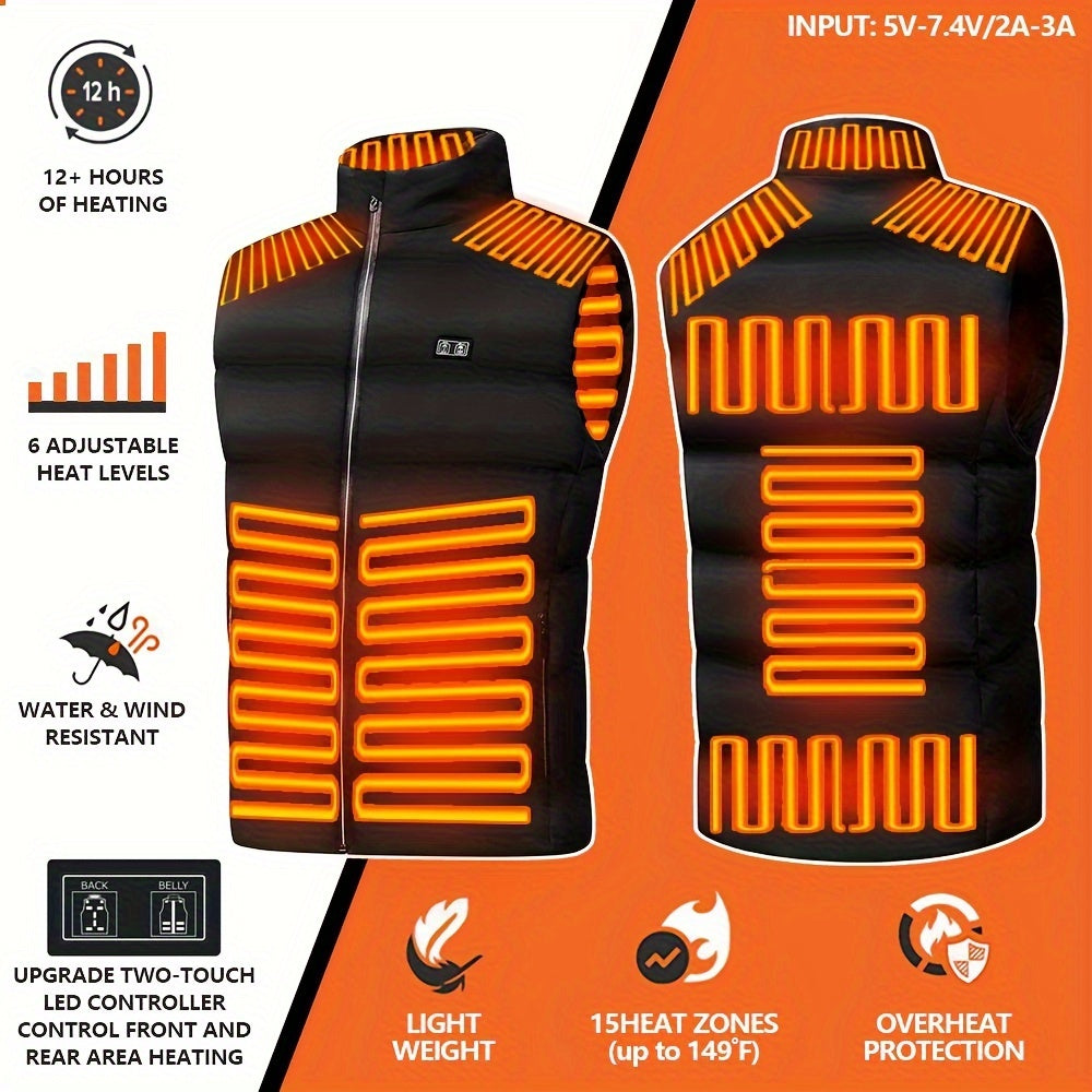 Unisex Heated Vest with 15 Heating Areas USB Rechargeable Winter Outdoor Warmth