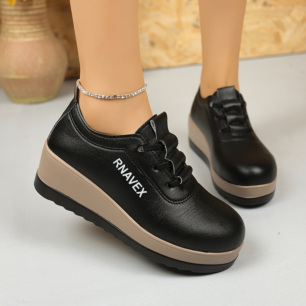 Women's Slip-On Platform Shoes with Cushioned Sole Black Beige Chunky