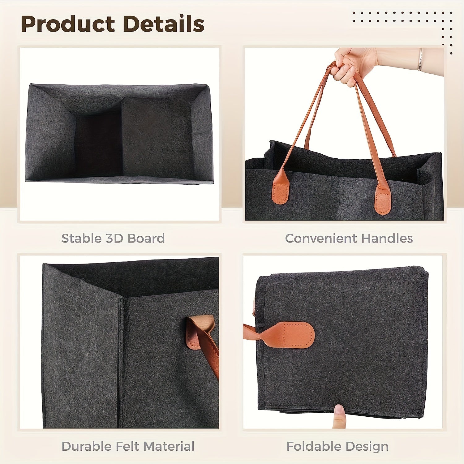 Felt Storage Basket with Leather Handles Foldable Open Top for Organizing Clothes Toys