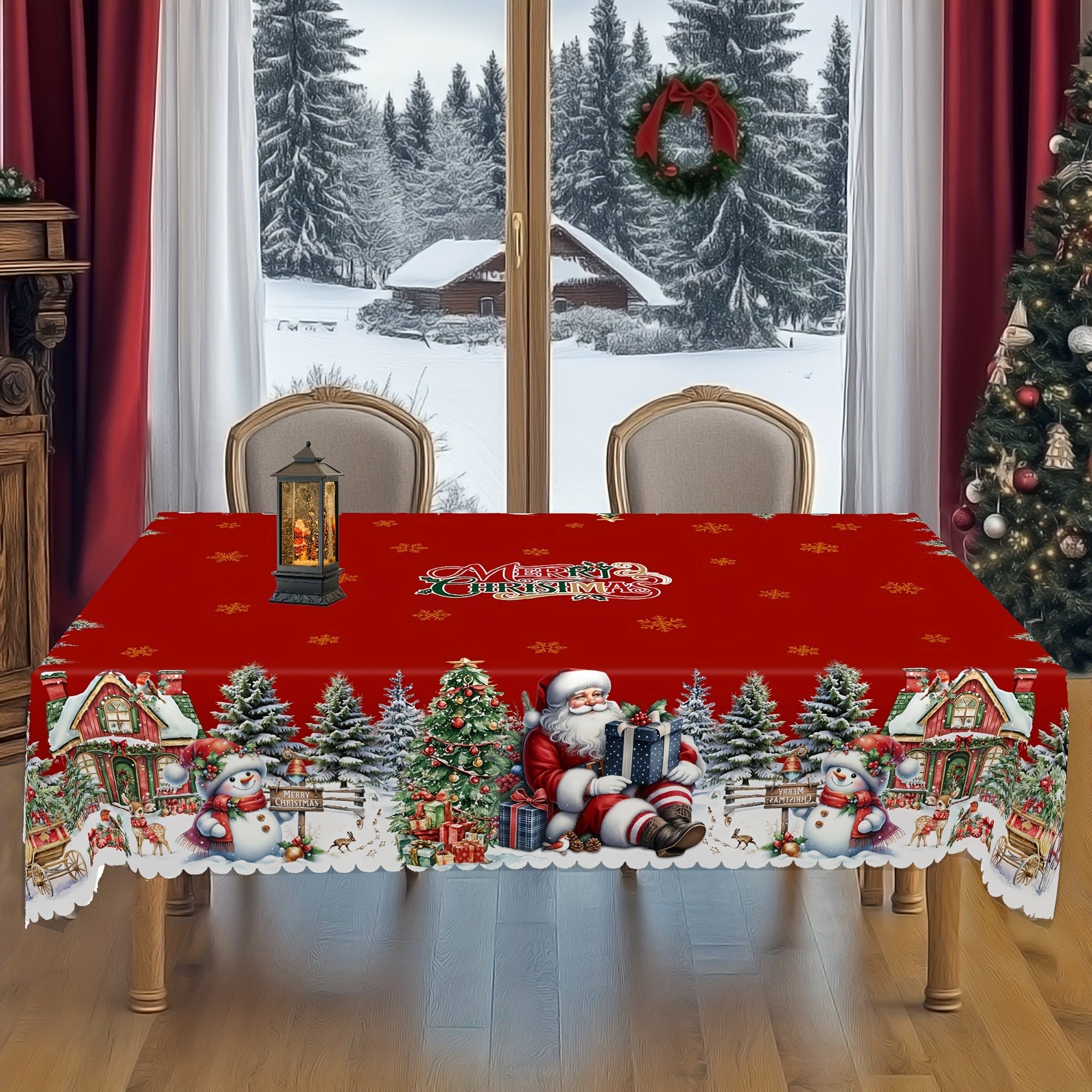 Christmas Tablecloth with Santa Snowman and Tree Patterns Polyester for Round and Rectangular Tables