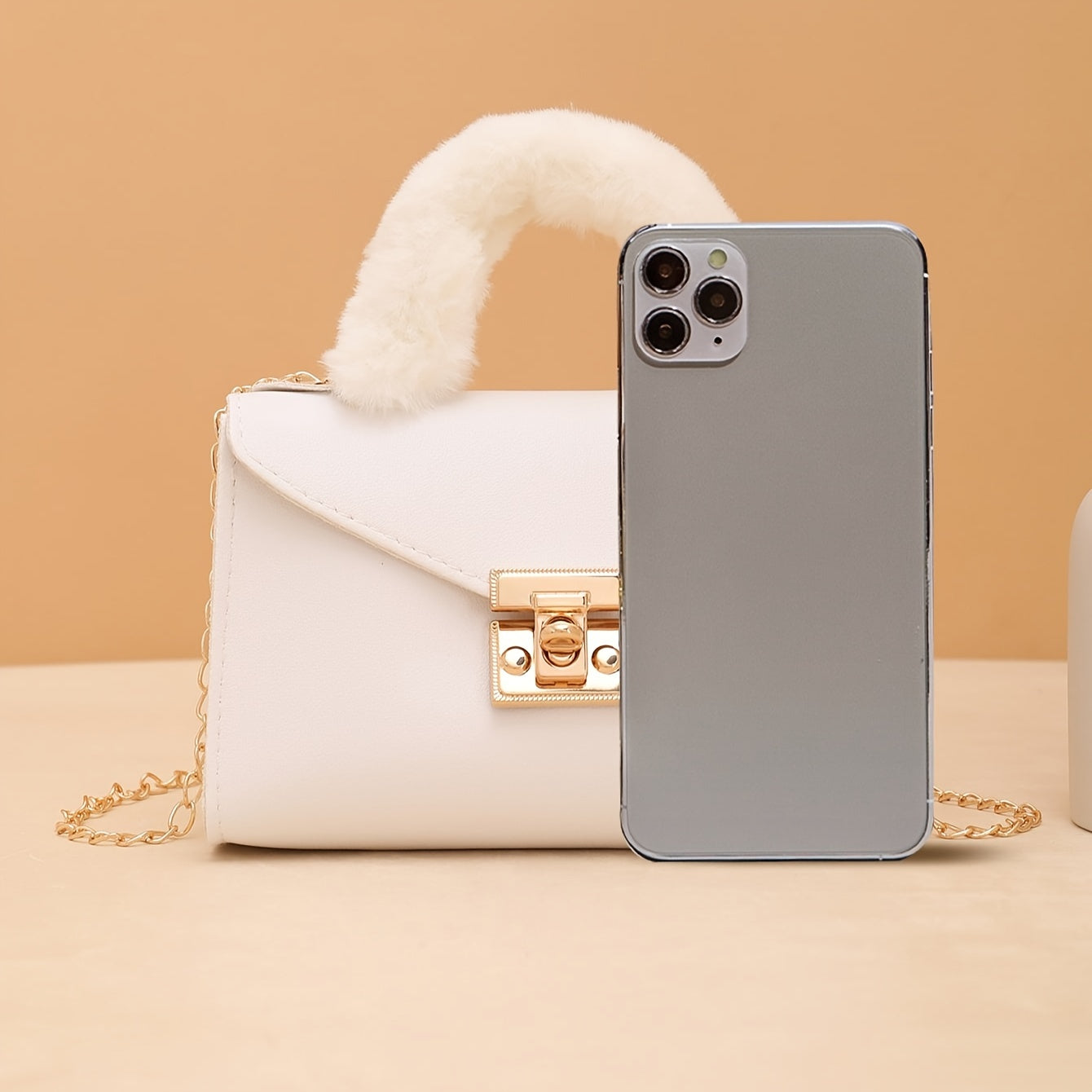 Crossbody Bag with Plush Handle Removable Strap for Daily Use Black White