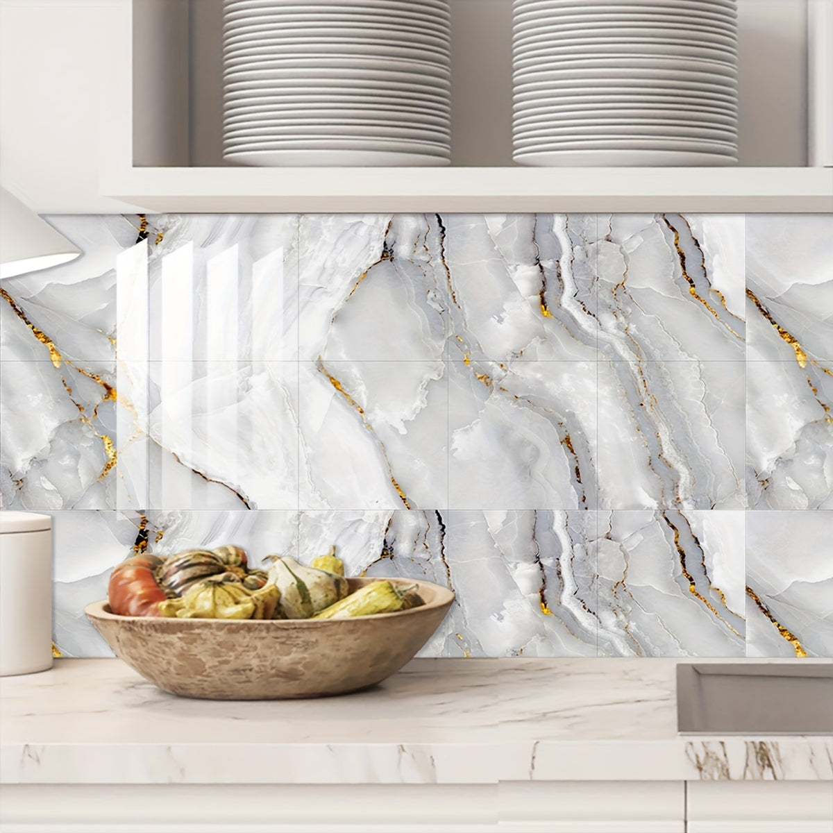 Waterproof Marble Pattern PVC Floor Stickers for Kitchen Decor, 10 Pieces