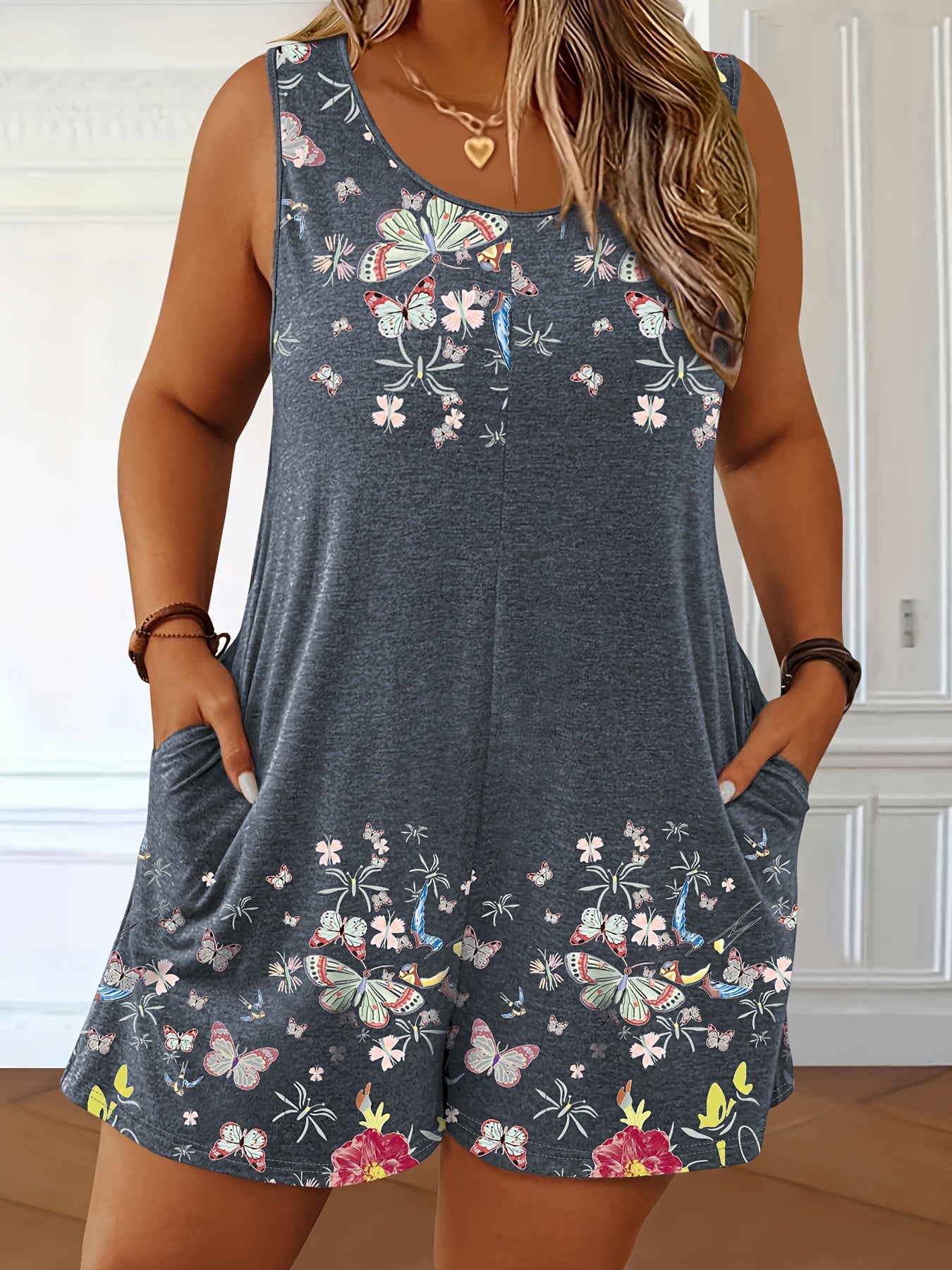 Women's Plus Size Butterfly Floral Print Sleeveless Jumpsuit Summer Dress with Pockets