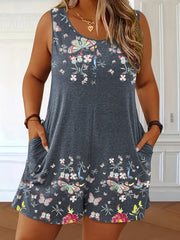 Women's Plus Size Butterfly Floral Print Sleeveless Jumpsuit Summer Dress with Pockets