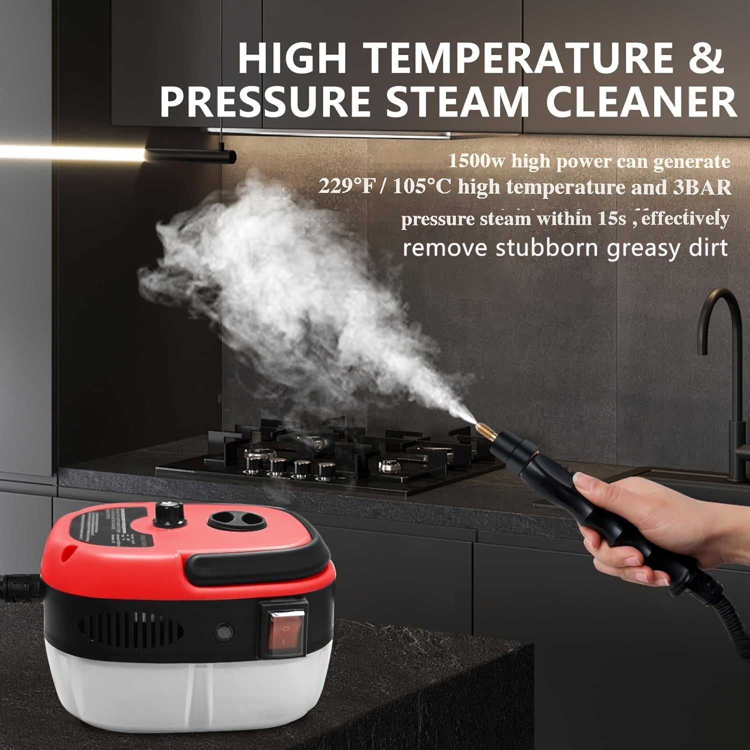 3BAR Yuqori Bosimli Bug' Tozalagich, 1L Hajmga ega, oshxona yog'lari va hammom dog'lari uchun samarali. Yuqori harorat 229°F / 105°C, mustahkam plastik korpus, Evropa standartidagi ulagich, ≥600W