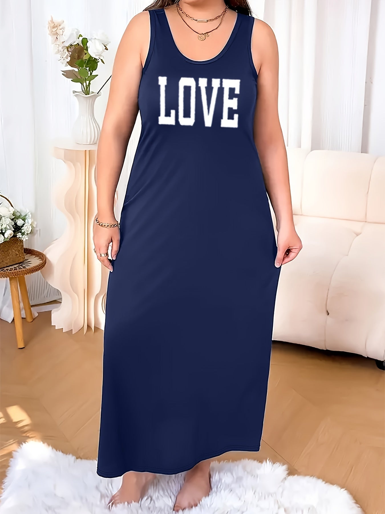 Plus Size Sleeveless Nightgown Maroon Love Letter Print Sleepwear for Women