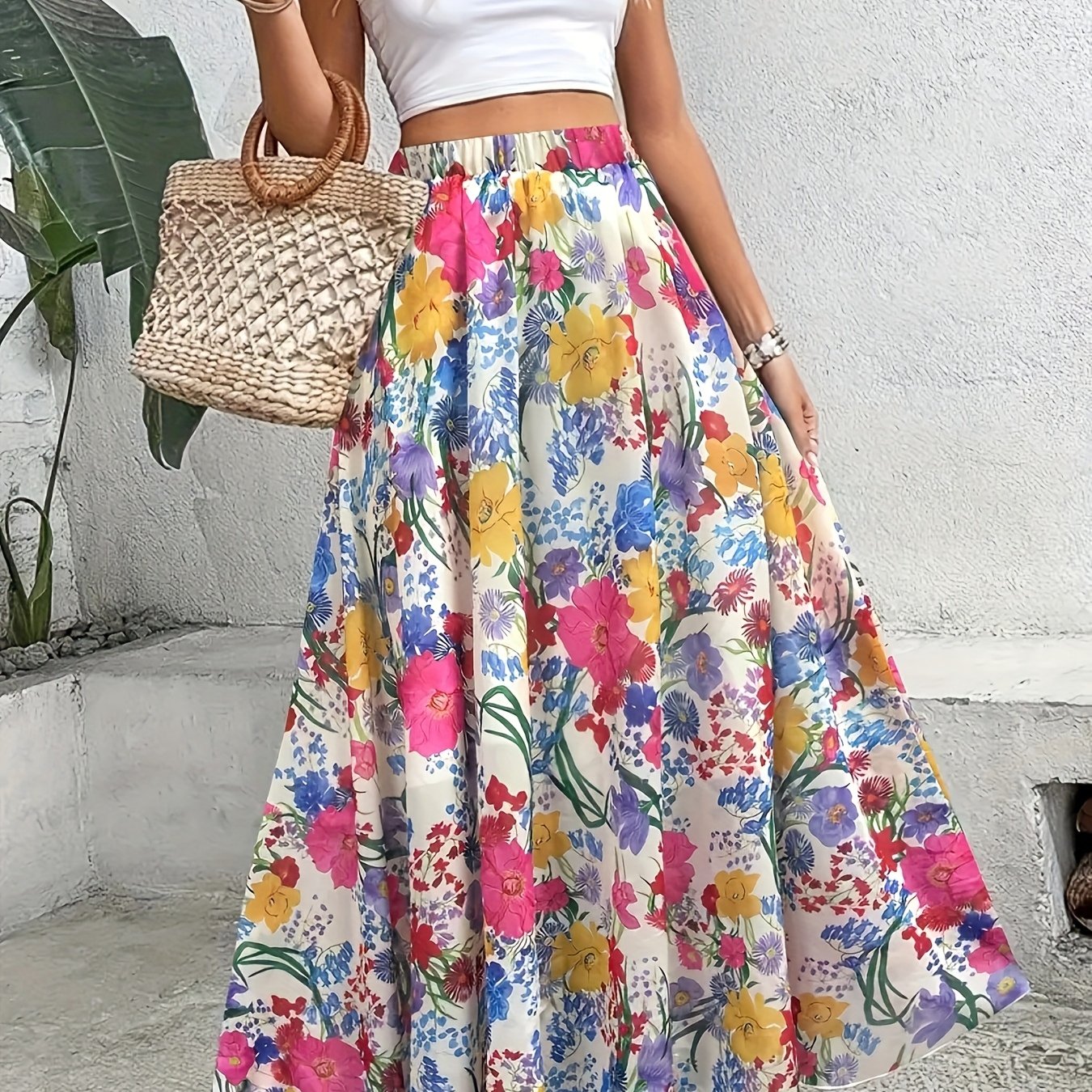Women's Plus Size Floral Print Maxi Skirt Loose Fit Spring Summer Vacation Casual Green Pink Yellow Blue