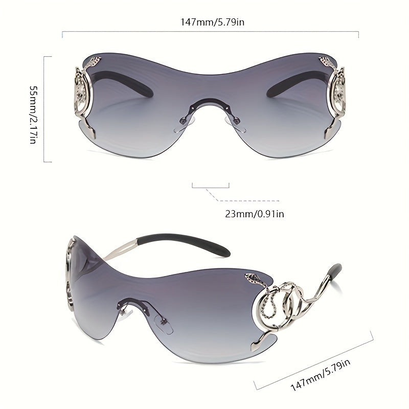 Women Y2K Style One-Piece Lens Sunglasses with Silver Snake Detail