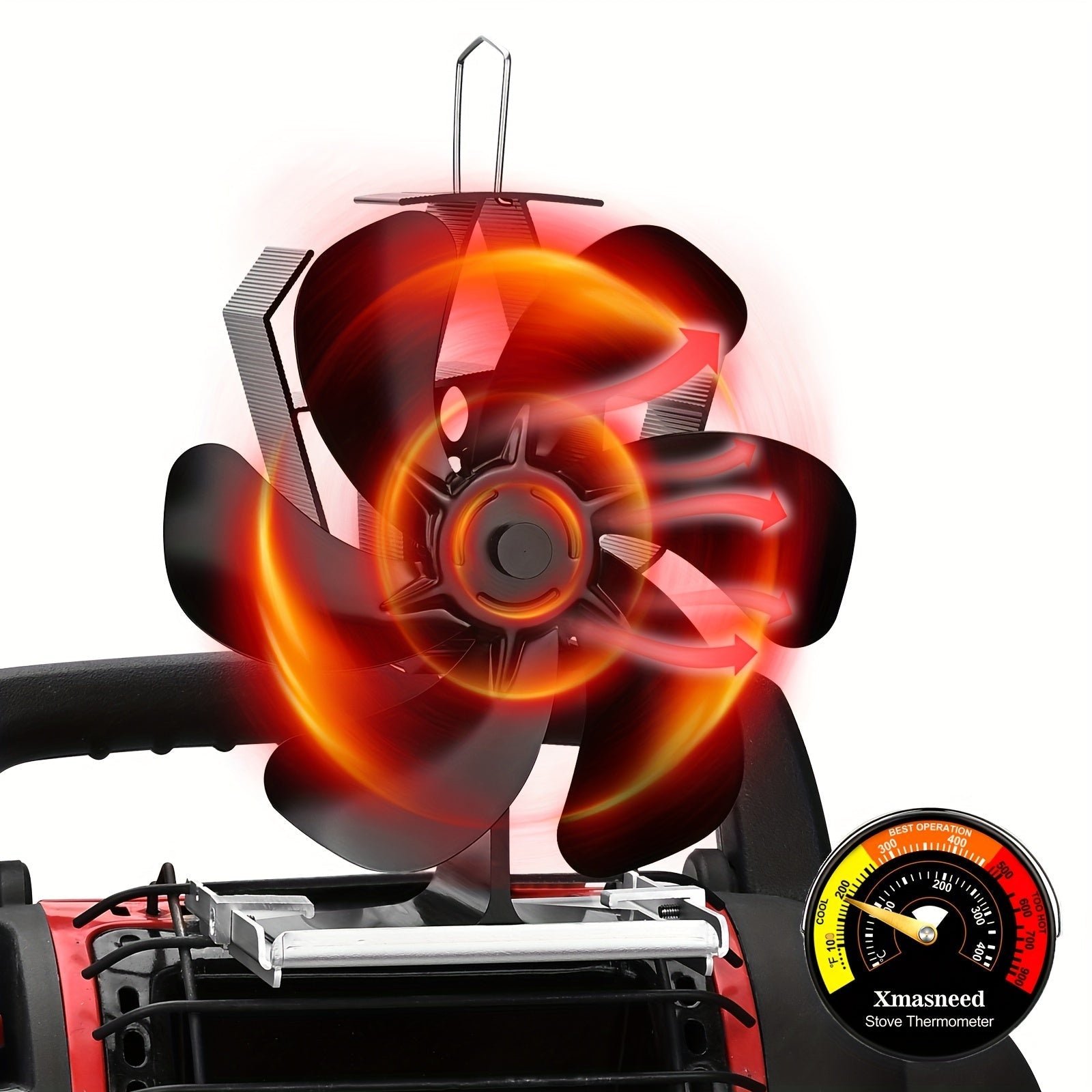 Aluminum Wood Stove Fan with Magnetic Thermometer for Camping and Indoor Use