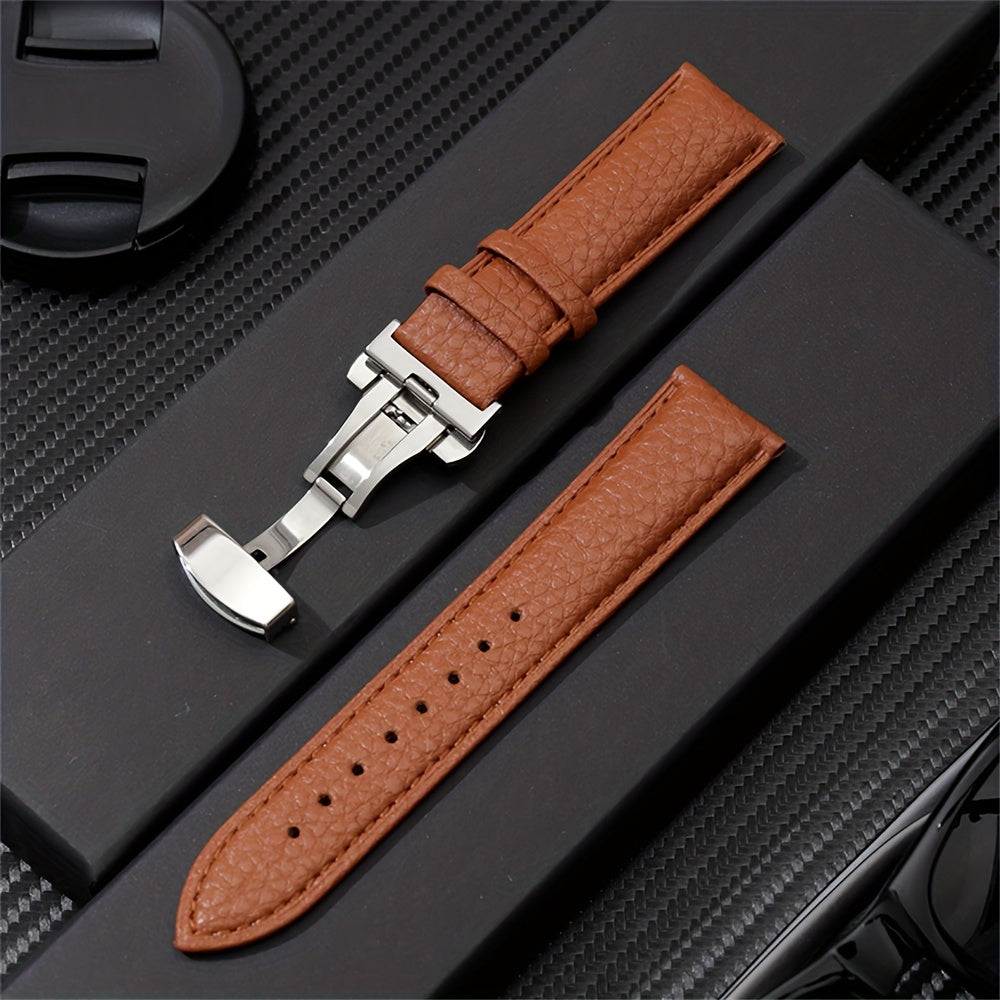 Synthetic Leather Watch Strap with Butterfly Clasp White Adjustable for Men Women