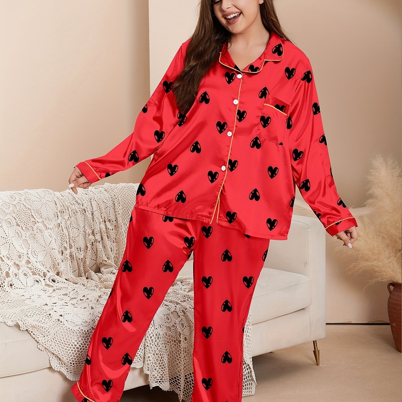 Plus Size Women's Casual Pajama Set Long Sleeve Heart Letter Print Lounge Wear