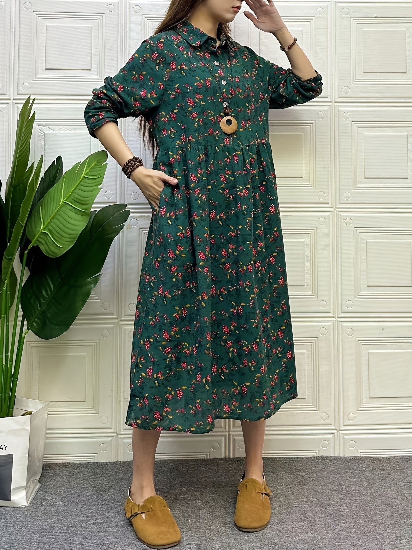 Women's Linen Dress with Floral Pattern, Long Sleeve, Lapel Collar, Beach Vacation Style