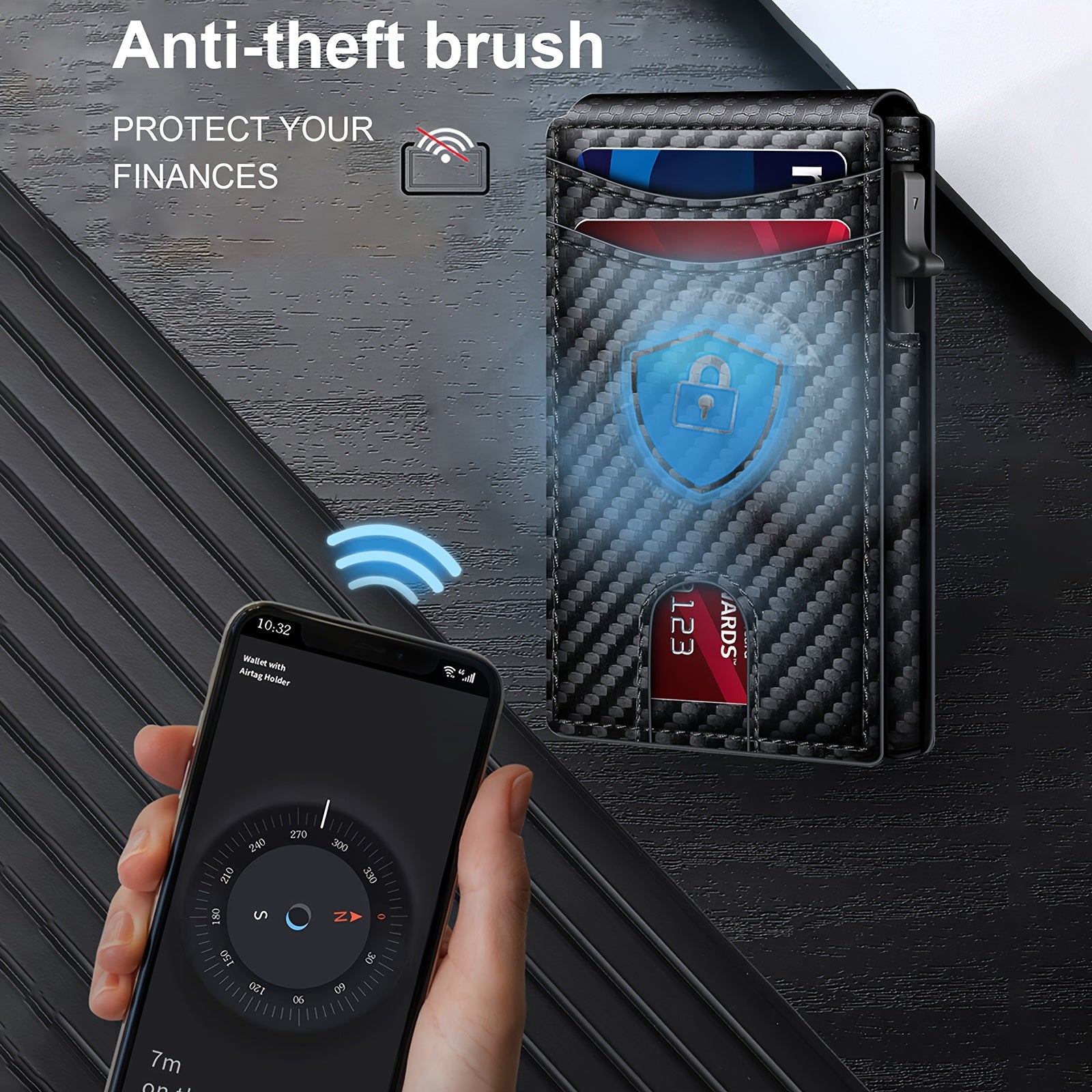 Мужской черный бифолдерский кошелек с RFID-блокировкой и держателем карт, стиль минимализм из карбона