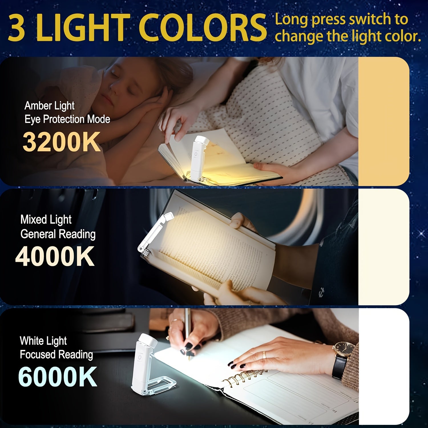 USB Rechargeable Reading Light with Adjustable Brightness Clip-On Book Lamp for Night Reading