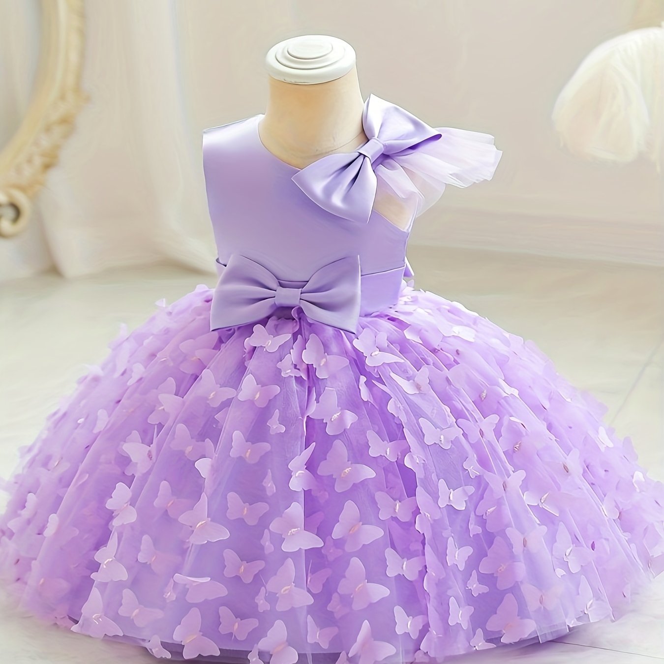 Girls Toddler Princess Dress Butterfly Design with Bow Belt Flutter Mesh Sleeves for Parties and Birthdays