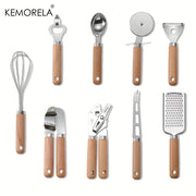 Set of 9 Kitchen Gadgets with Wooden Handles Stainless Steel Utensils