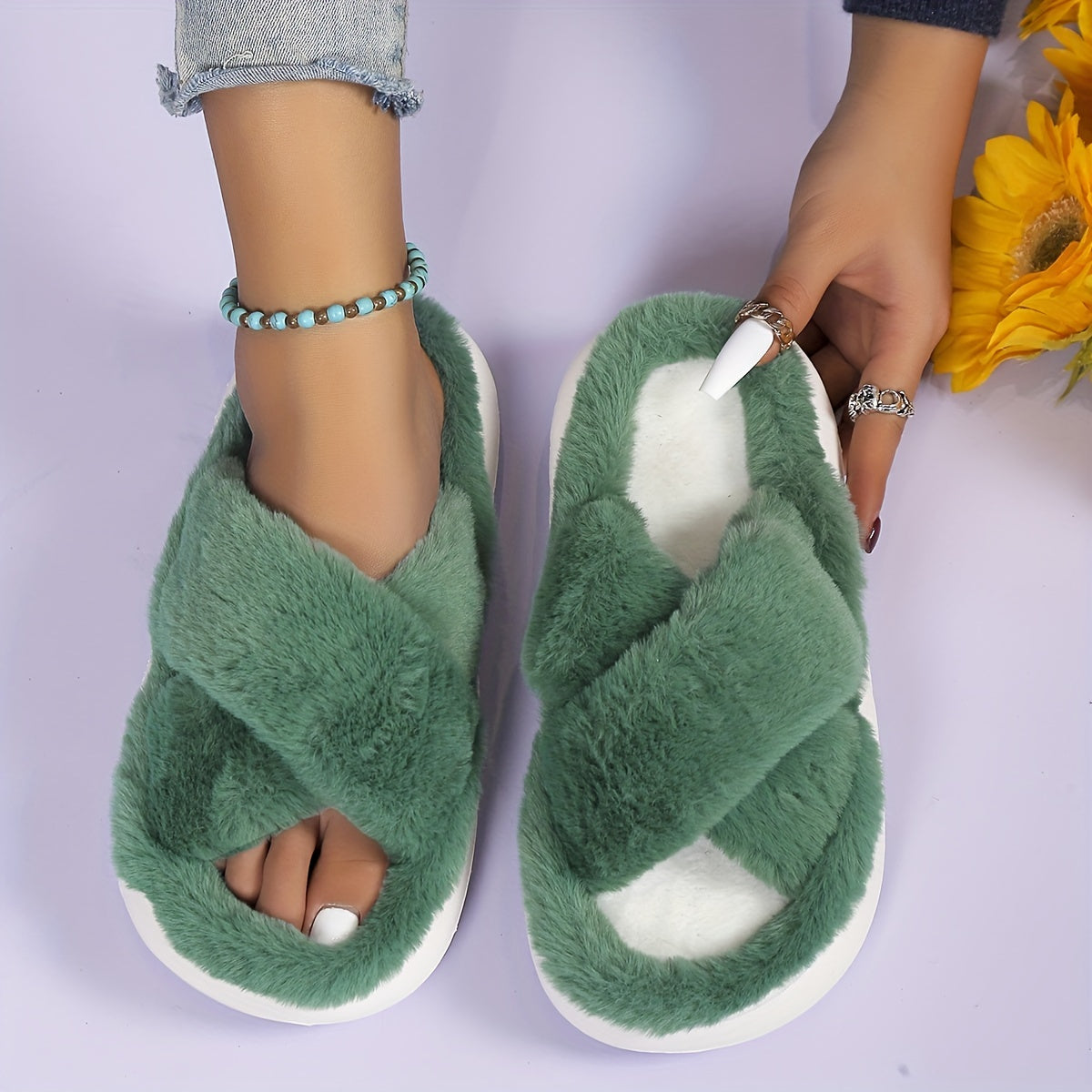 Women's Faux Fur Slippers with EVA Sole Indoor House Shoes