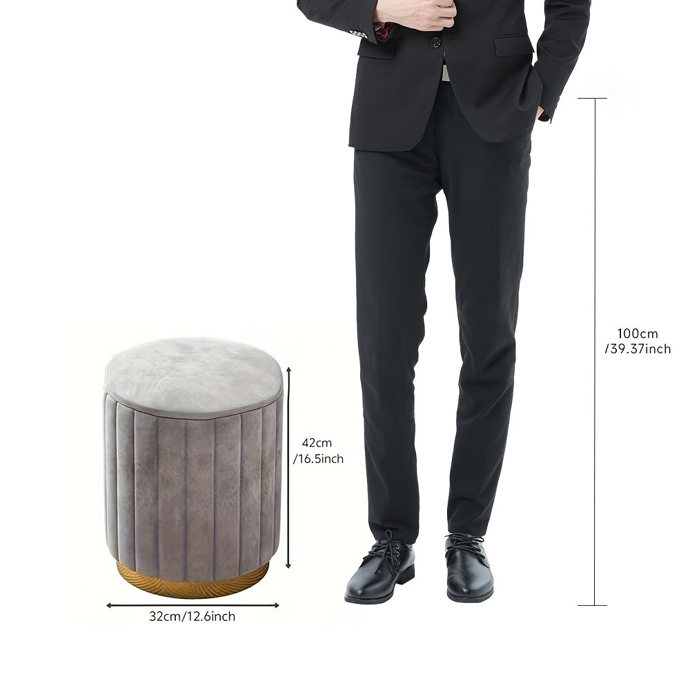 Nordic Modern Round Storage Ottoman Fabric Upholstered Grey Mirror Finish Footrest