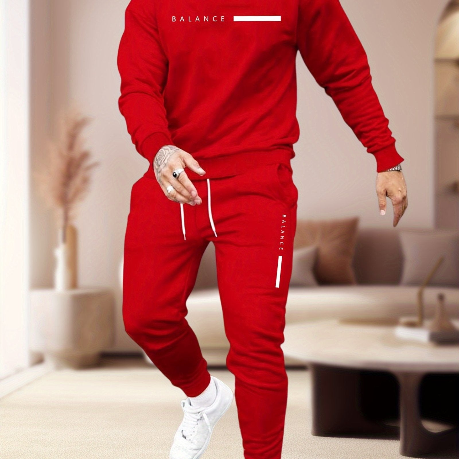 Men's Casual Polyester 2-Piece Pajama Set with Print Design Round Neck Pockets