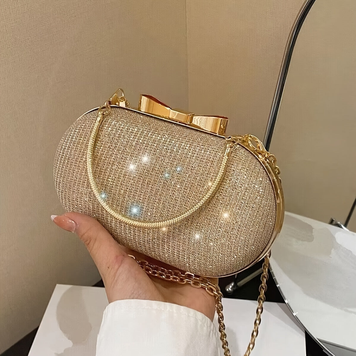 Women's Glitter Evening Bag with Diamonds, Crossbody, Removable Strap