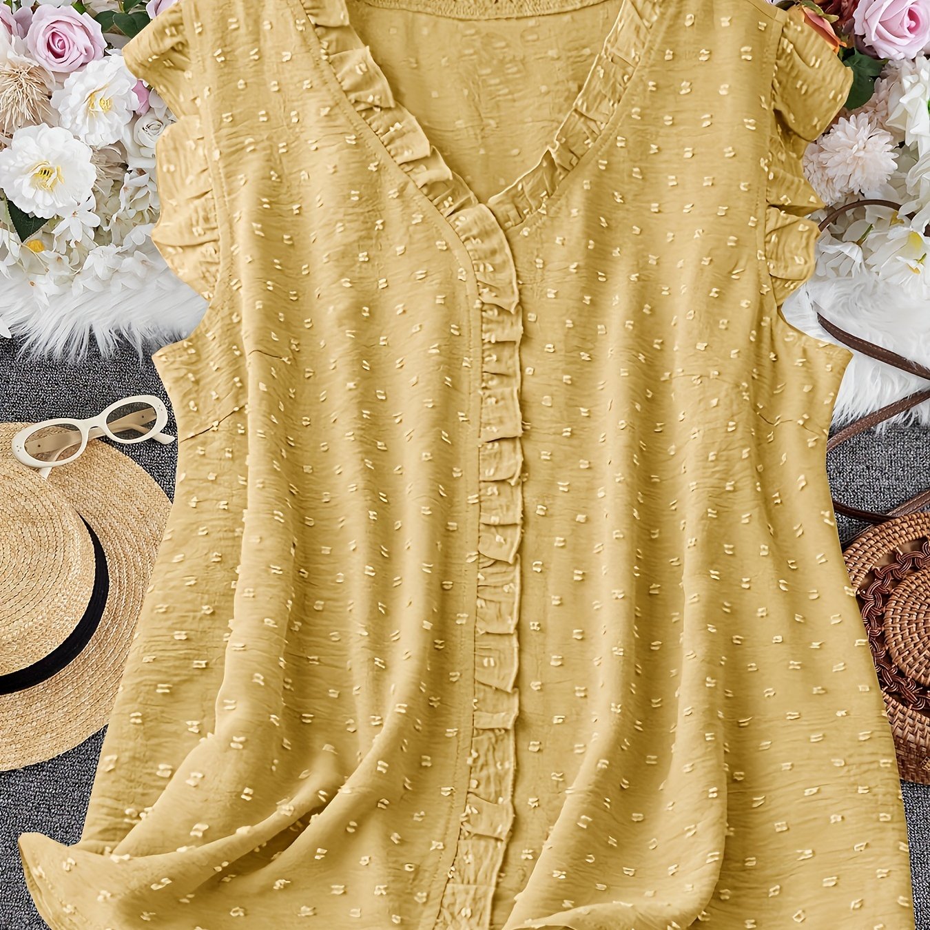 Plus Size Swiss Dot Blouse with Frill Trim V-Neck Summer Casual Women