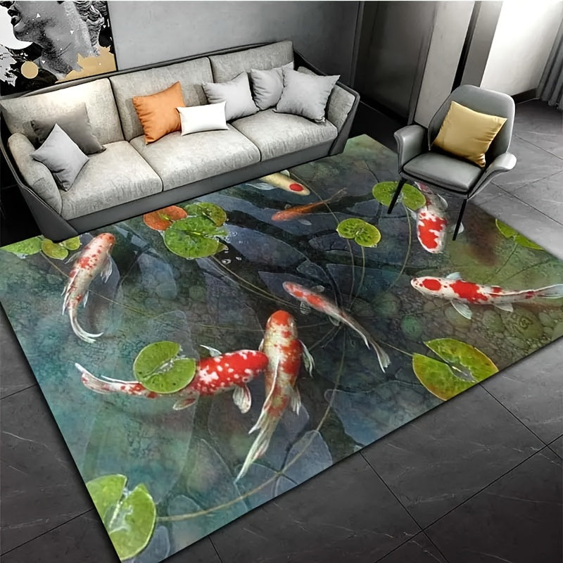 Koi Fish Pond Design Area Rug Non-Slip Washable Polyester Flannel 1cm Thick