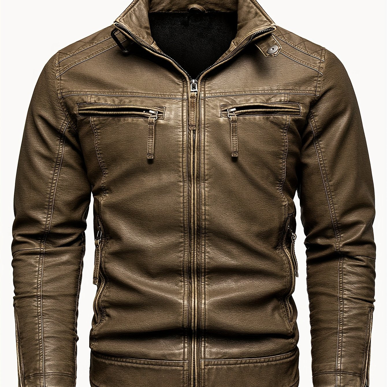 Erkaklar Vintage Qora Mototsikl Kurtkasi: Ko'p cho'ntakli, Turg'un yelka, Zip-Up dizayni, Mustahkam Polyester Aralashmasi, Retro Ko'rinish, PLUS O'lcham.