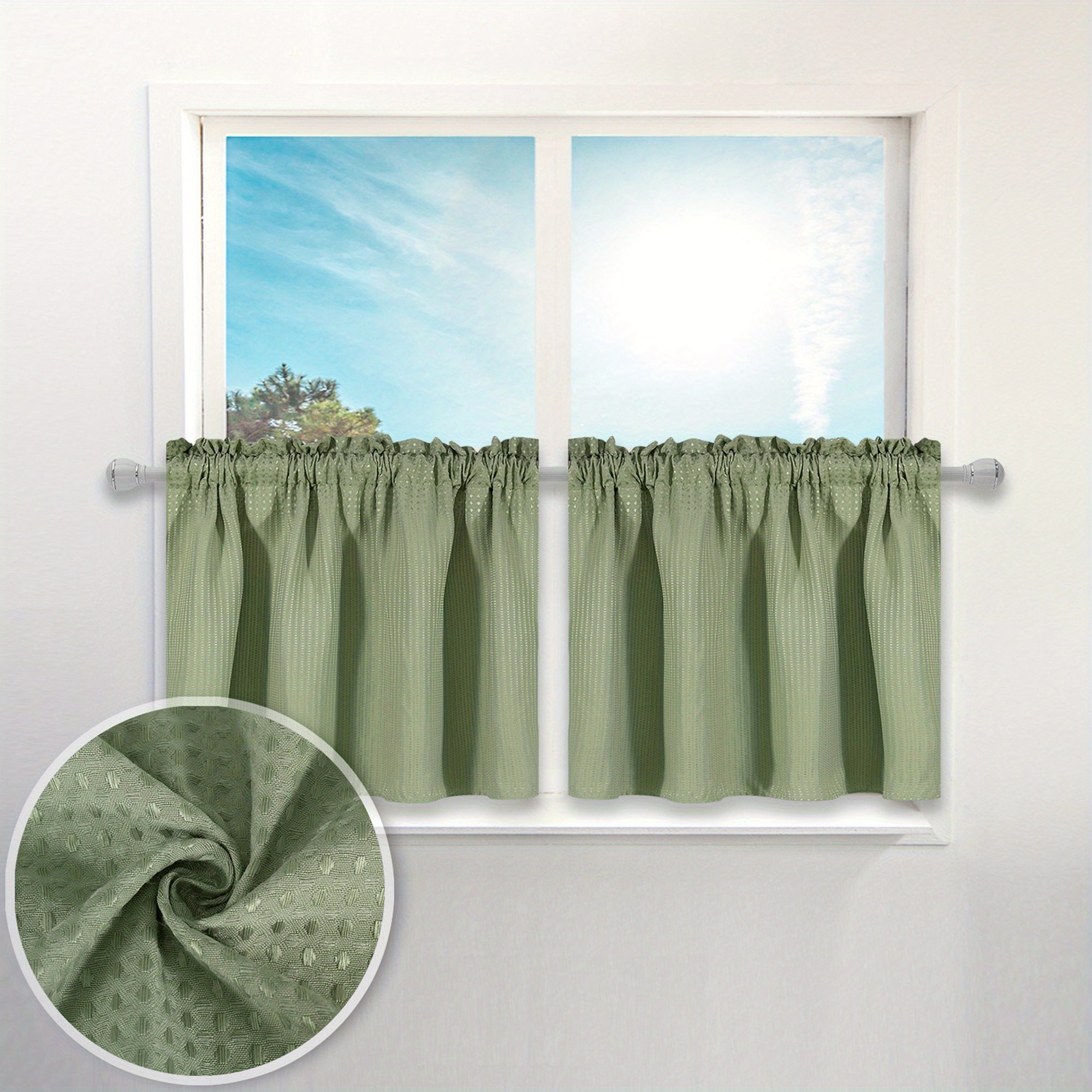 Set of 2 Waterproof Waffle Weave Half Window Curtains for Bathroom Kitchen Coffee Shop
