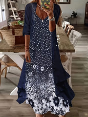 Vintage Floral Printed Short Sleeve Dress with Pleats and Fake Two-Piece Design