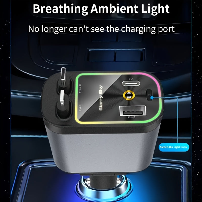 4-in-1 qaytariladigan avtomobil zaryadkichi 66W tez zaryadlash, LED chiroq va LED lamp bilan