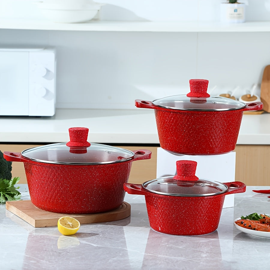 Qopqoq bilan qizil rangli mustahkam oshxona qozonlari va skovorodkalari to'plami, alyuminiy yopishqoq idishlar, gaz pechida pishirish uchun ideal - Ko'p maqsadli pishirish qozoni, qozon va qovurish skovorodkasi kiradi.