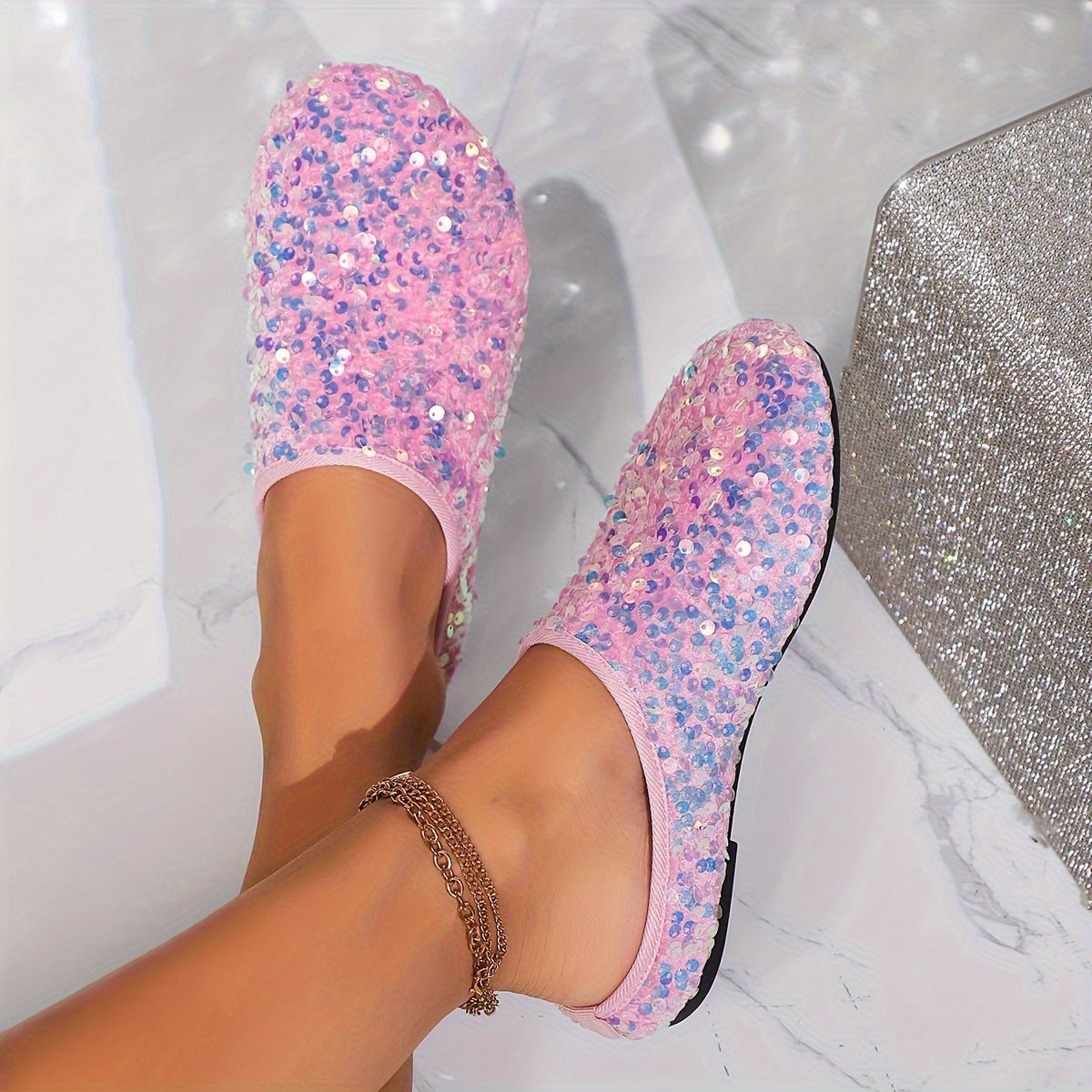 Women's Sequin Half-Slip Flats Breathable Fabric TPR Sole Comfortable