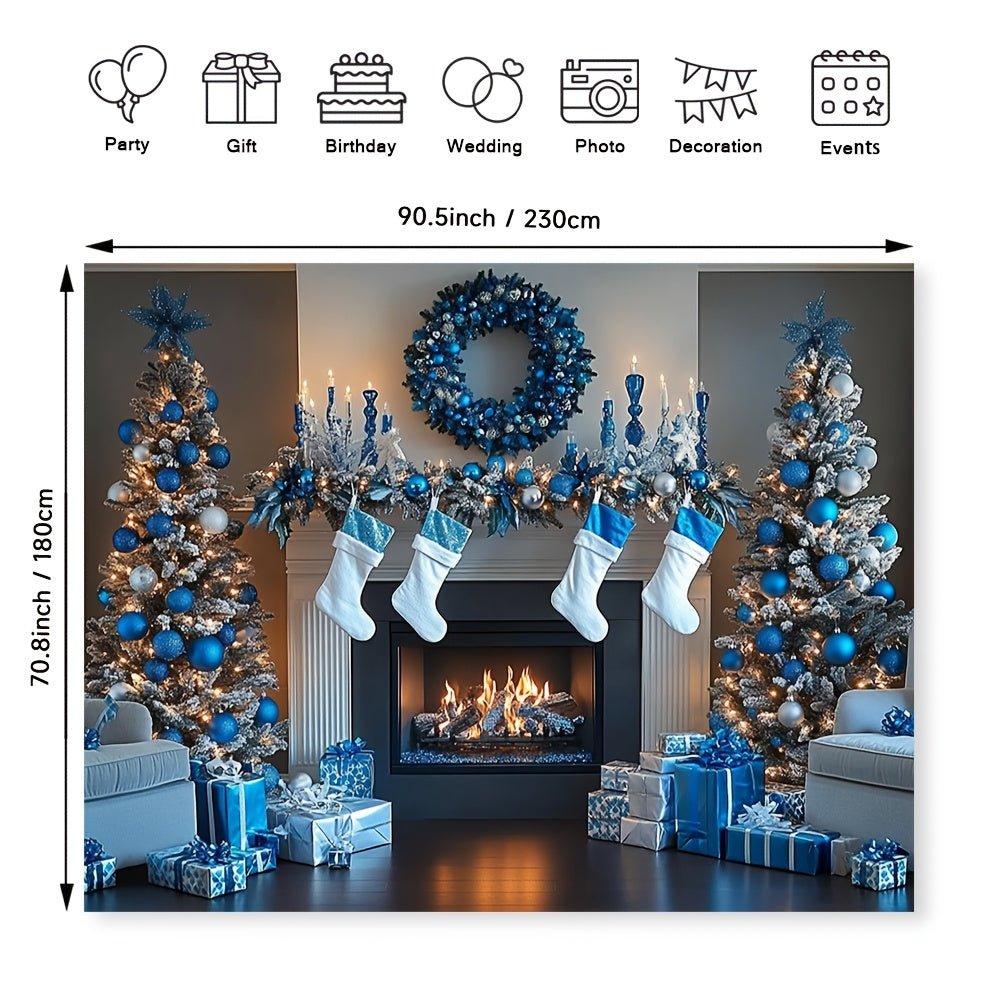 Blue and White Fireplace Backdrop Polyester Decor Multi-Season Wall Covering