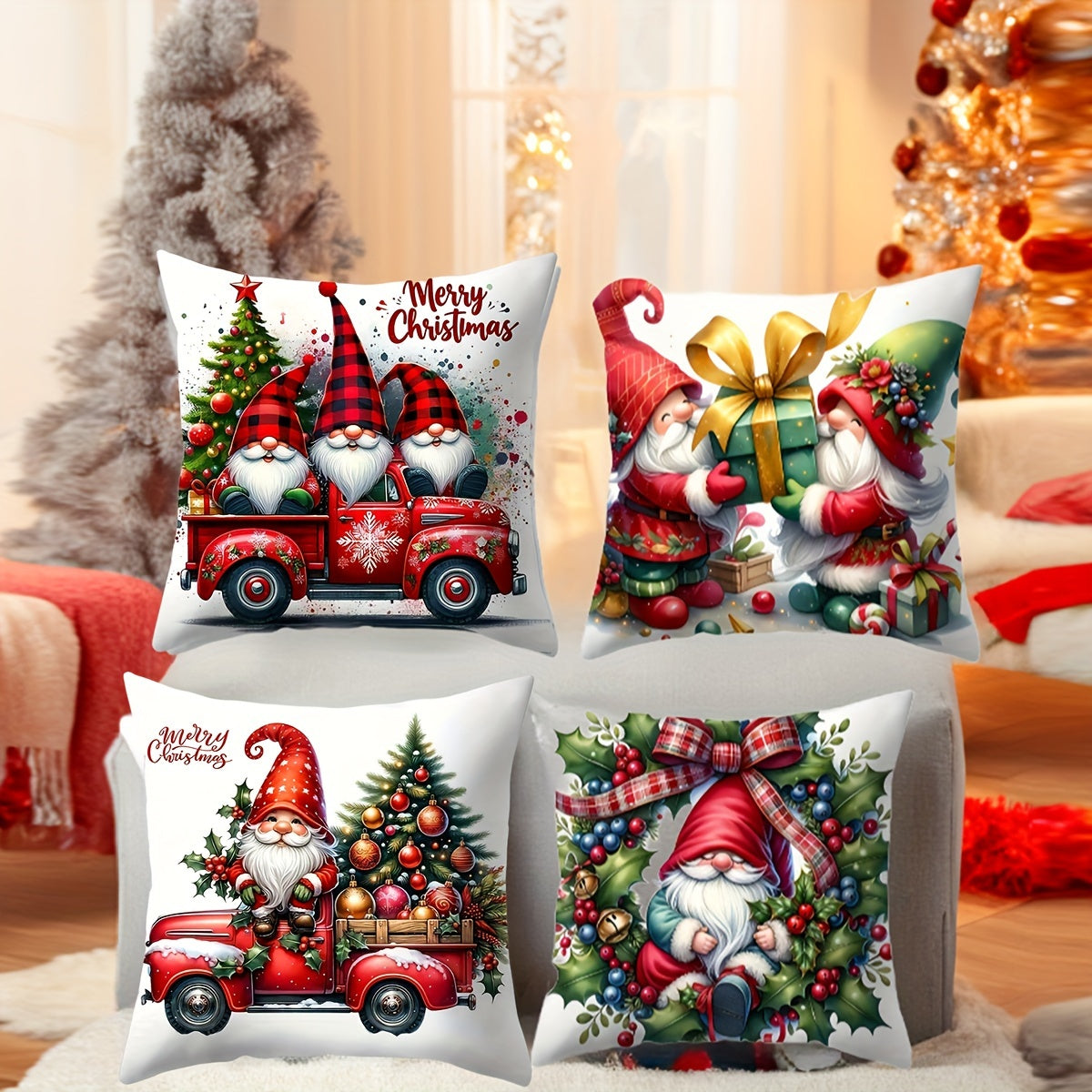 Christmas Gnome and Truck Throw Pillow Cover Zippered Polyester Living Room Decor