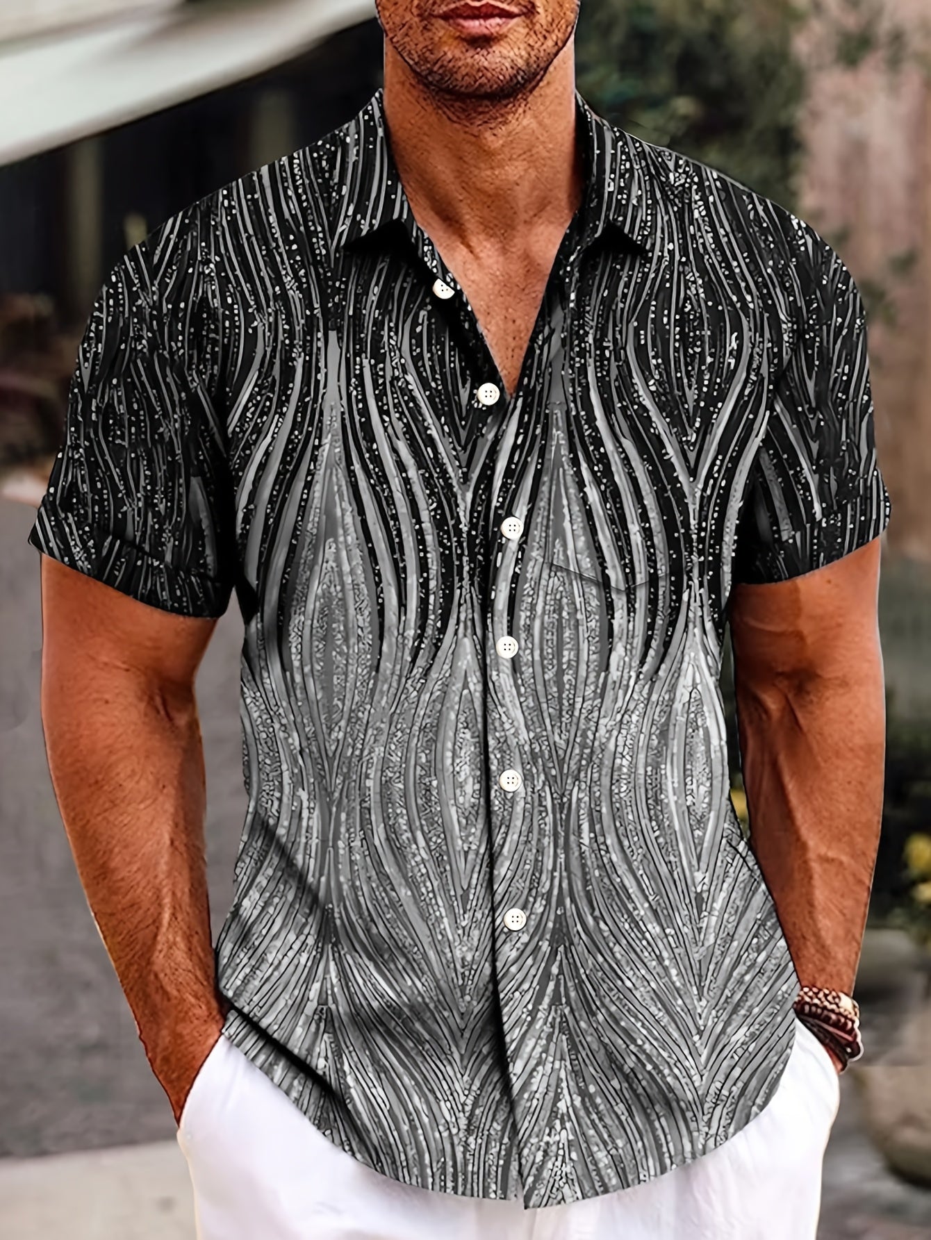 Men's Summer Vintage Ombre Gradient Print Woven Short Sleeve Shirt