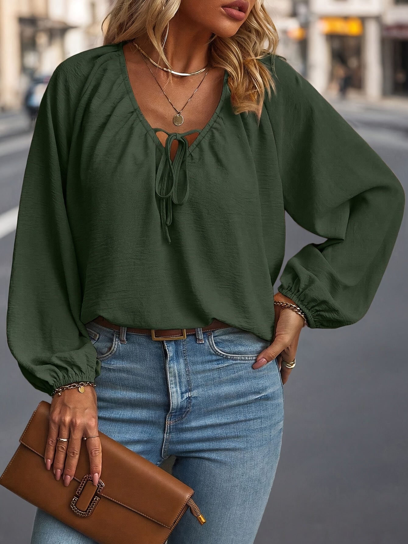 Women's Plus Size Solid Long Sleeve Shirt Polyester V Neck Lace-Up Fall Top