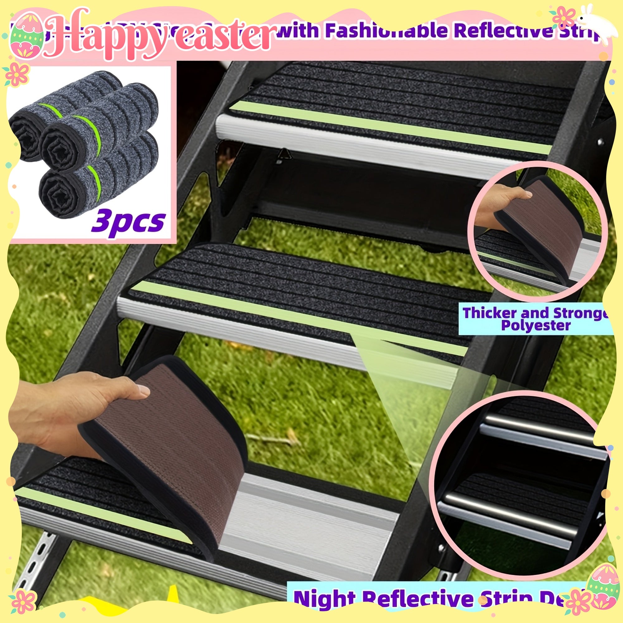 Juego de 3 piezas de cubiertas para escalón de RV, negro, poliéster, con tiras reflectantes duraderas, accesorios para acampar