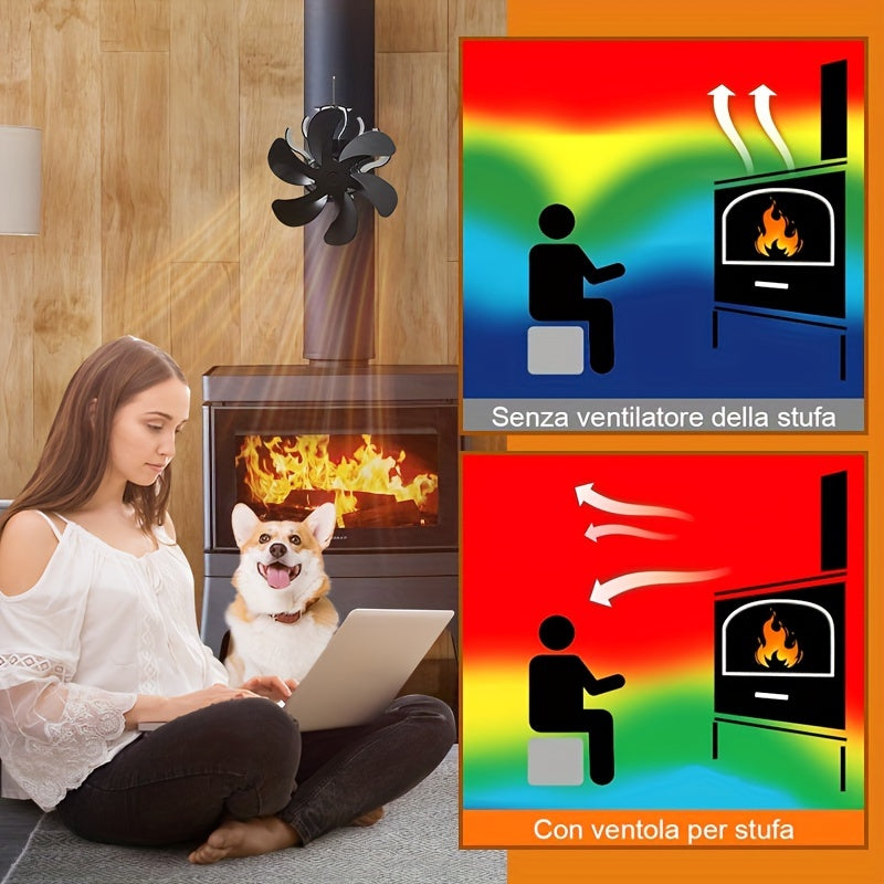 Wall Mounted Heat Powered Stove Fan Black Aluminum Alloy 6-Leaf Air Circulation